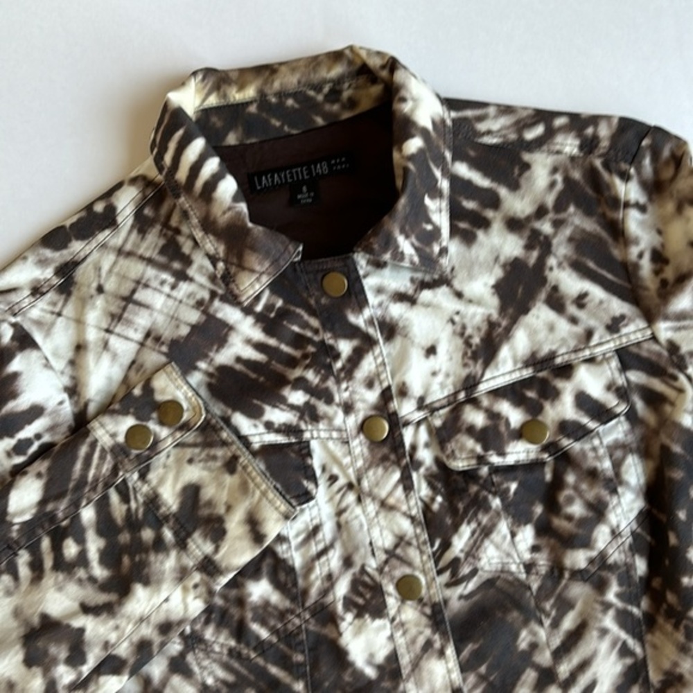 Lafayette 148 New York Brown Cream Abstract Print Cotton Jacket‎ Women’s Size 8